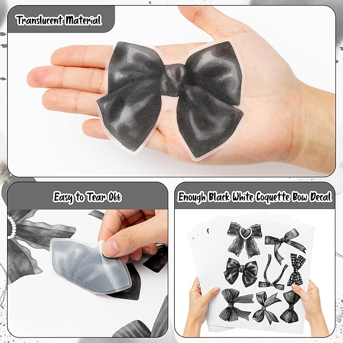 A1diee Black White Bow Wall Stickers - 60Pcs Watercolor Coquette Aesthetic Wall Stickers Black Bow Knot Gothic Wall Art Decor Vinyl Peel and Stick Room Decor for Kindergarten Nursery Bedroom, 8 Sheets
