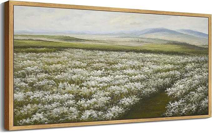 SHENIFY Vintage Landscape Framed Wall Art Meadow with Flowers Scenery Farmhouse Decor Rustic Retro Grassland Wildflower Field Painting for Kitchen Bedroom Bathroom - 8x16in Natural Framed