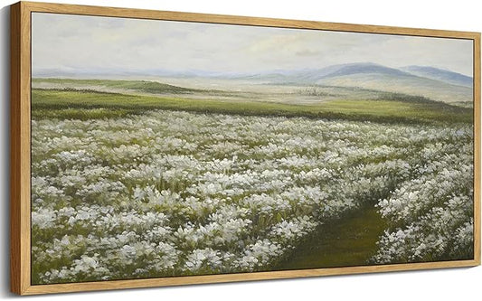 SHENIFY Vintage Landscape Framed Wall Art Meadow with Flowers Scenery Farmhouse Decor Rustic Retro Grassland Wildflower Field Painting for Kitchen Bedroom Bathroom - 8x16in Natural Framed