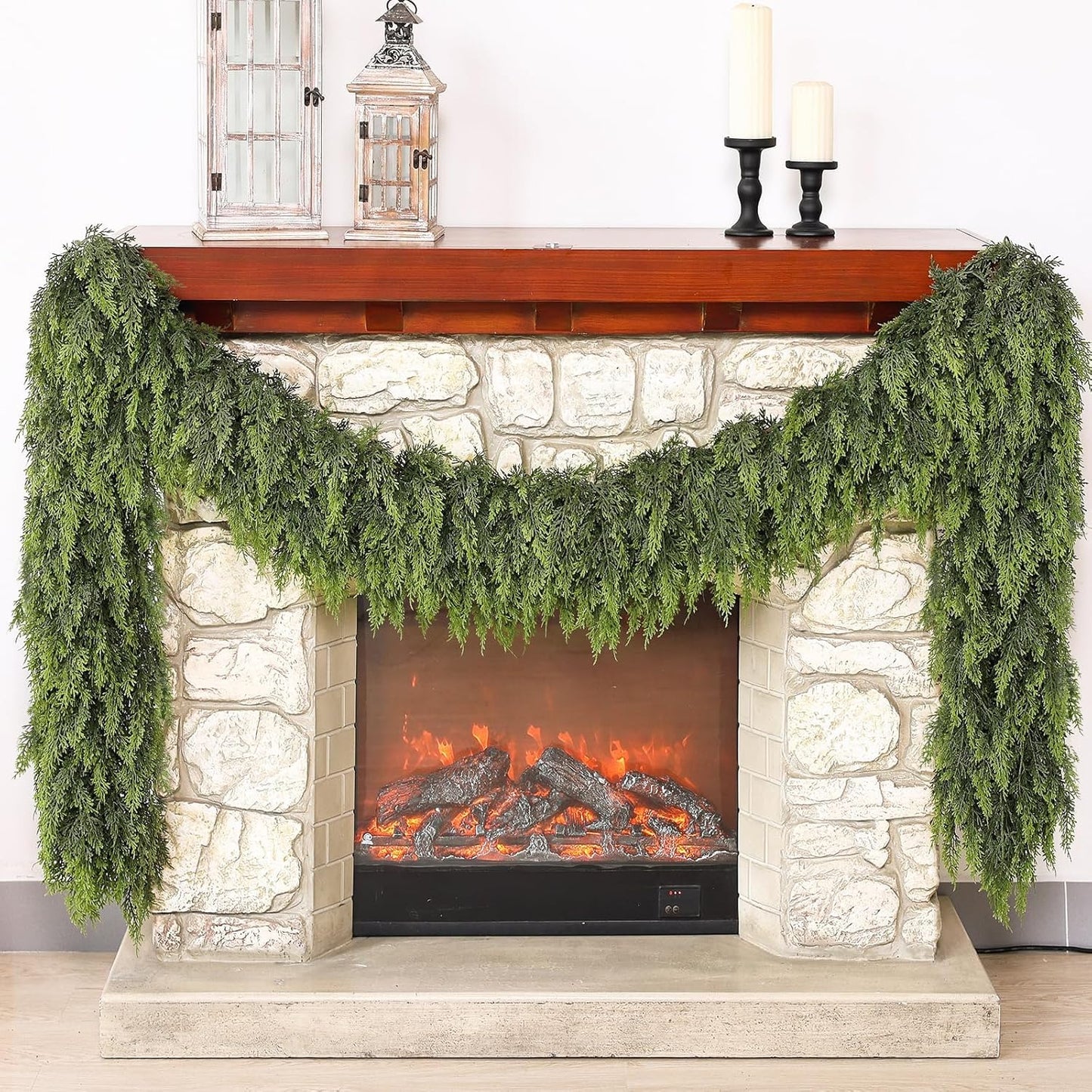 Real Touch Cedar Garland - Artificial Christmas Garlands Faux Green Cedar Fake Pine Needles Garland for Fireplace,Table, Stairs, Mantle, Window,Indoor Outdoor,Home,Holiday Decor(2 PCS,9 FT)