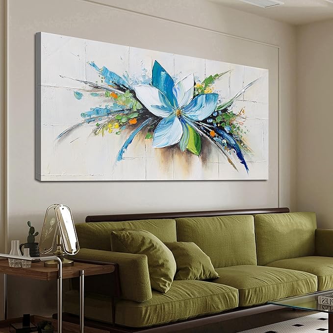 Canvas Wall Art Decor Large Wall Art Pictures for Living Room Canvas Art Wall Decor Blue Floral Wall Art Decor Modern Art Work for Walls Flower Wall Art Prints Bedroom Office Wall Decor 24" X 48"