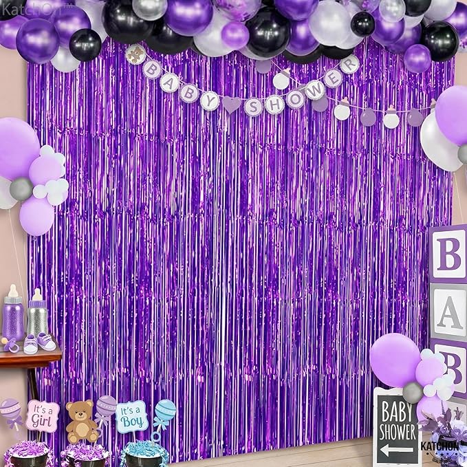 KatchOn, Metallic Purple Foil Fringe Curtain 3.2x8 Ft, Pack of 2 | Streamer Backdrops for Purple Birthday Decorations, Ramadan Decorations for Home | Backdrops for Graduation Decoration 2026