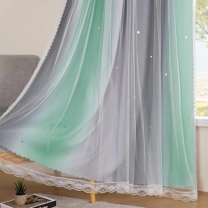 XiDi Curtains for Bedroom Decor, Rainbow Green LightgreyGrey52/90/1