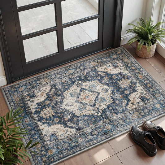 AMOAMI-2X3 Small Rug-Washable Rugs Entryway Mat Indoor-Soft Vintage Non Slip Rugs for Kitchen Laundry Room Bathroom Blue Decorative Accent Rug for in Front of Sink 24 Inch x36 Inch