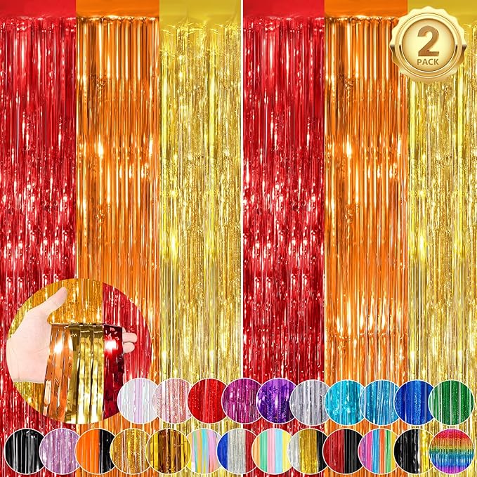 red orange gold Fringe Curtain Party Streamers 2Pack 3.3 x 8.3 Ft Foil Fringe Backdrop Curtains for Birthday Wedding Bridal Baby Shower Holiday Tinsel Streamers Rainbow Party Decorations Door Streamer