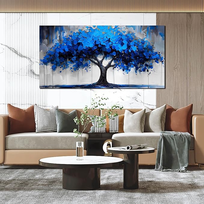 Blue Wall Art Large Tree of Life Wall Art for Living Room Bedroom Office Bathroom Modern Framed Canvas Prints Blue and Grey Picture Size 30x60