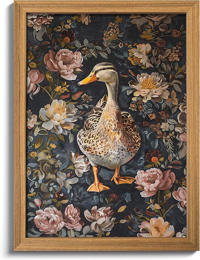 Vintage Duck Framed Wall Art, William Morris Floral Wall Decor, Cottagecore 3D Textured Art Print, Hand Drawn Sandstone Nature Botanical Pictures for Living Room Bedroom 12x16 inch