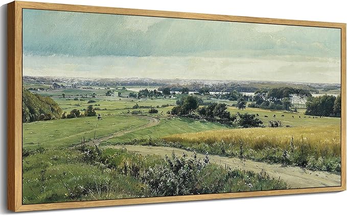 SHENIFY Vintage Landscape Framed Wall Art Rustic Countryside Meadow Farmhouse Decor Retro Grassland Painting for Kitchen Bedroom Living Room Bathroom - 8x16in Natural Framed