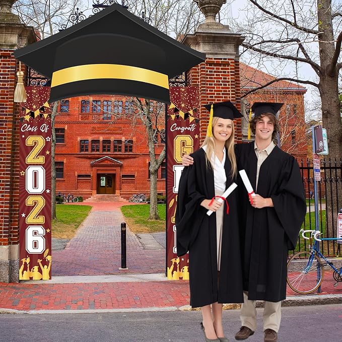 3Pcs Graduation Cap Door Banner 2026 Graduation Door Decoration Class of 2026 Porch Sign Congrat Grad Hanging Banner Decor Grad Party Indoor Outdoor Wall Decor Photo Prop Supplies Maroon Gold