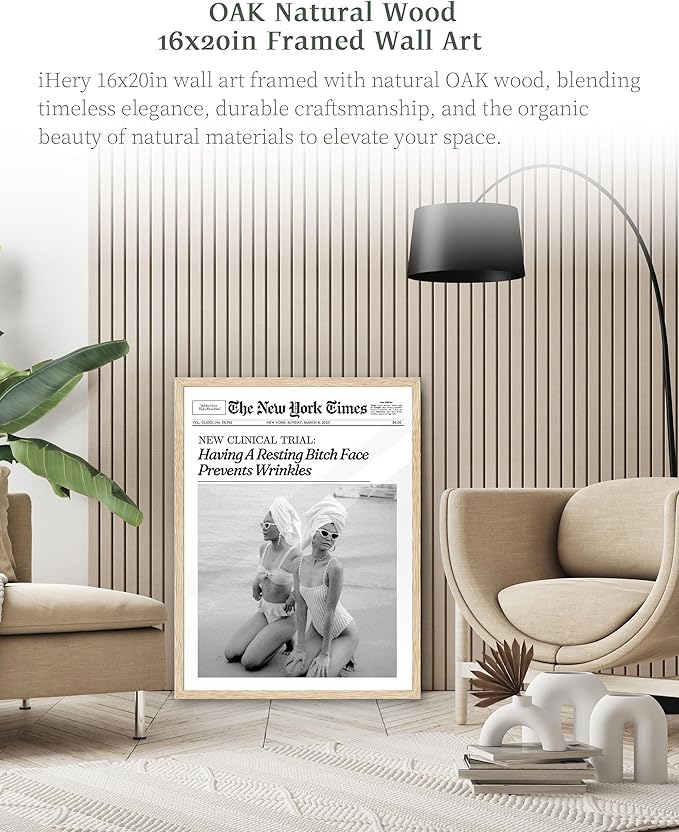 iHery Having A Resting Face Prevents Wrinkles Framed Trendy Hot Girls NewsPaper Wall Art, Natural OAK Wood Large 16x20in Canvas Wall Decor,Retro Magazine Vintage Bar Cart Living Room 1Pack