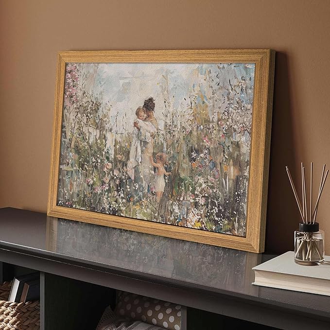 3D Textured Vintage Cottagecore Wall Art, Mom Holding Baby In Wildflowers Wall Decor Painting, Impressionist Sandstone Artwork Picture for Mother’s Day Gift Nursery Bedroom 16x24 Inch Framed