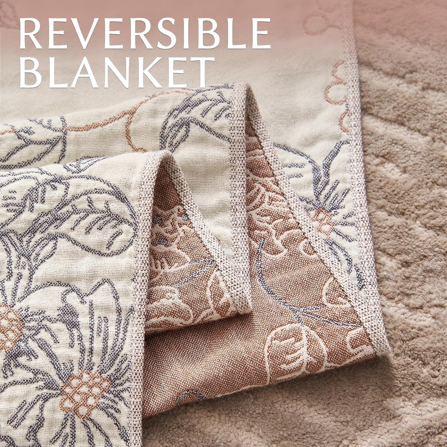 JINCHAN Boho Floral 100% Cotton Blanket 4-Layer Throw Blanket with Tassel Taupe and White Flower Butterfly Soft Luxury Rustic Farmhouse Decor Blanket for Couch Bed 60x80 inch All Season gift for women