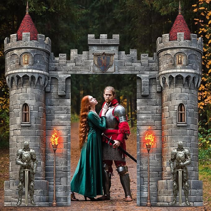 4 PCS Medieval Entryway Party Decorations Castle Door Covers Hanging Banner Porch Sign Medieval Castle Photo Props Background Torch Knight Porch Banner for Birthday Halloween Party Door Decor Supplies