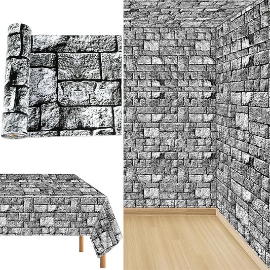 party greeting Stone Wall Tablecloth Roll 200FT x 51 Inch Disposable Brick Stone Plastic Table Covers Roll Castle Wall Backdrop for Halloween Western Birthday Medieval Party Decoration Favors Supplies