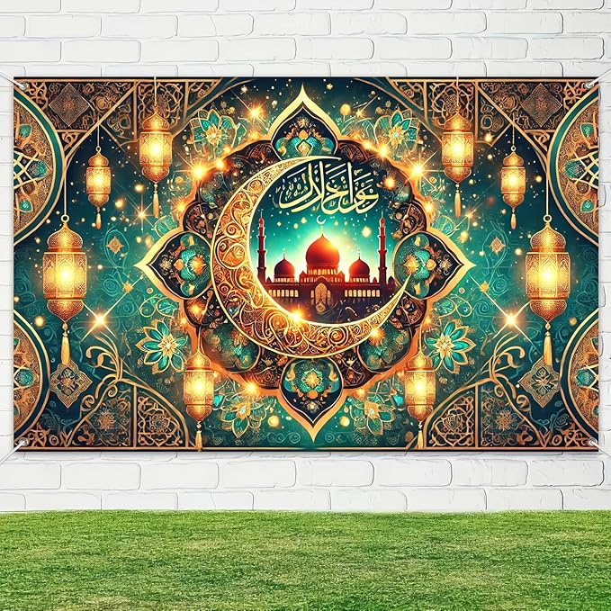 Ramadan Eid Banner Islamic Decoration Green Mosque Crescent Lanterns Hanging Backdrop with Hooks and String Arabic Calligraphy Sign for Muslim Festival Party 150D Polyester Wall Decor