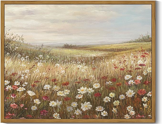 SHENIFY Vintage Framed Wall Art Meadow with Flowers Landscape Scenery Home Decor Retro Wildflower Field Decorations for Farmhouse Bedroom Ready to Hang Wall Artwork - 11x14in Natural Framed