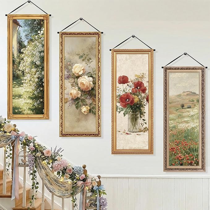 Tiamon 4 Pcs Vintage Floral Spring Wall Art Banner Spring Flower Country French Wall Decoration Nature Wildflower Porch Sign Backdrop for Floral Banner Landscape Farmhouse Indoor Outdoor Hanging Decor