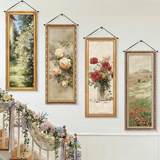 Tiamon 4 Pcs Vintage Floral Spring Wall Art Banner Spring Flower Country French Wall Decoration Nature Wildflower Porch Sign Backdrop for Floral Banner Landscape Farmhouse Indoor Outdoor Hanging Decor
