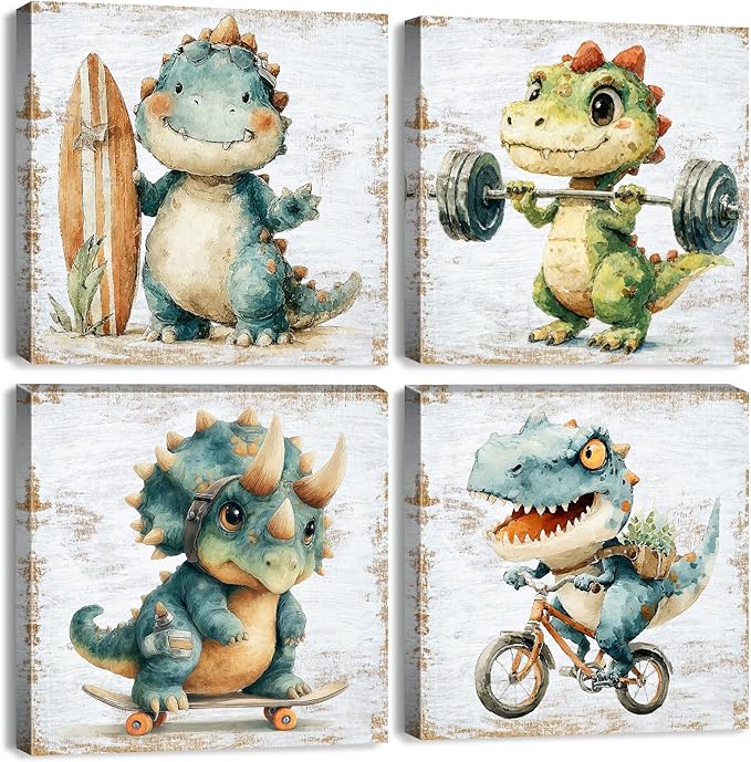 Watercolor Dinosaur Canvas Wall Art Baby Toddler Bedroom Decor Cartoon Dino Sports Theme Pictures Wall Decor Funny Animals Bike Surfing Paintings Prints Posters Artwork Nursery Decoration 16x16in 4Pcs