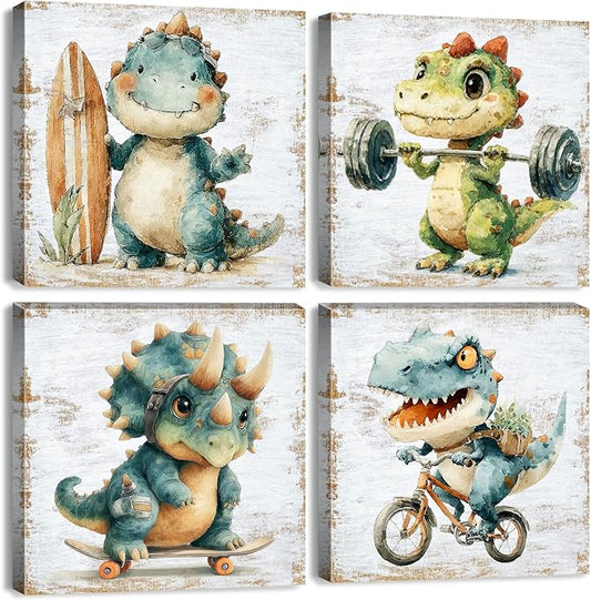 Watercolor Dinosaur Canvas Wall Art Baby Toddler Bedroom Decor Cartoon Dino Sports Theme Pictures Wall Decor Funny Animals Bike Surfing Paintings Prints Posters Artwork Nursery Decoration 16x16in 4Pcs