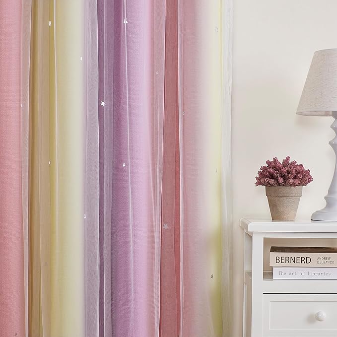 XiDi Curtains for Bedroom Decor, Rainbow Pink PurpleYellow52/90/1