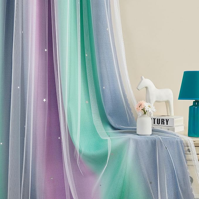 XiDi Curtains for Bedroom Decor, Rainbow Purplgreen grey52/54