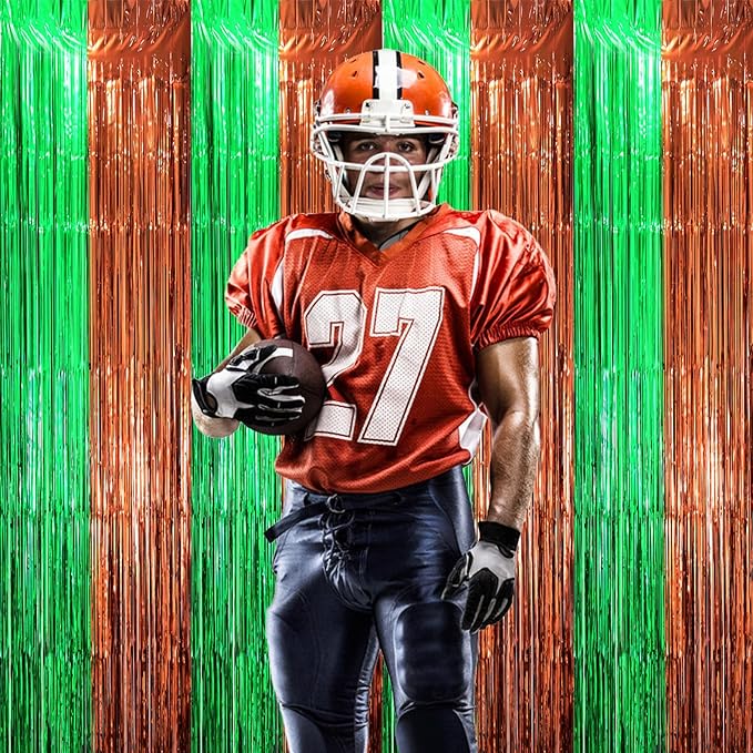 2 Pack Football Party Decorations, Green and Brown Foil Fringe Backdrop Curtains, Tinsel Streamers, Door Shimmer for Super Bowl or Birthday Party
