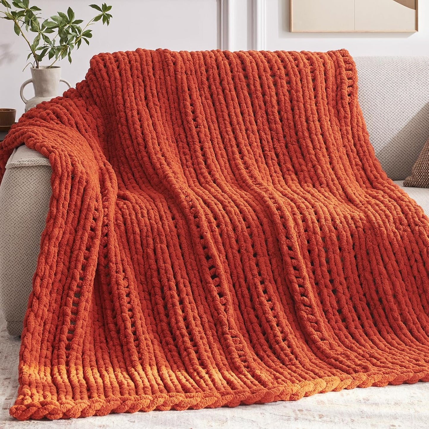 Chunky Knit Throw Blanket, 50''*60'' Knitted Throw Chenille Yarn for Bed Couch, Handmade Orange Crochet Big Thick Blanket, Machine Washable Cute Comfy Blanket for Home Decor