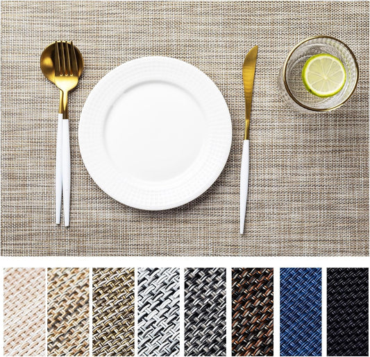 LEXMORE Placemats Set of 4 Vinyl/Plastic Woven Place Mats for Kitchen Table Indoor/Outdoor Washable Placemat Wipeable Dining Table Mats(A-Caramel)