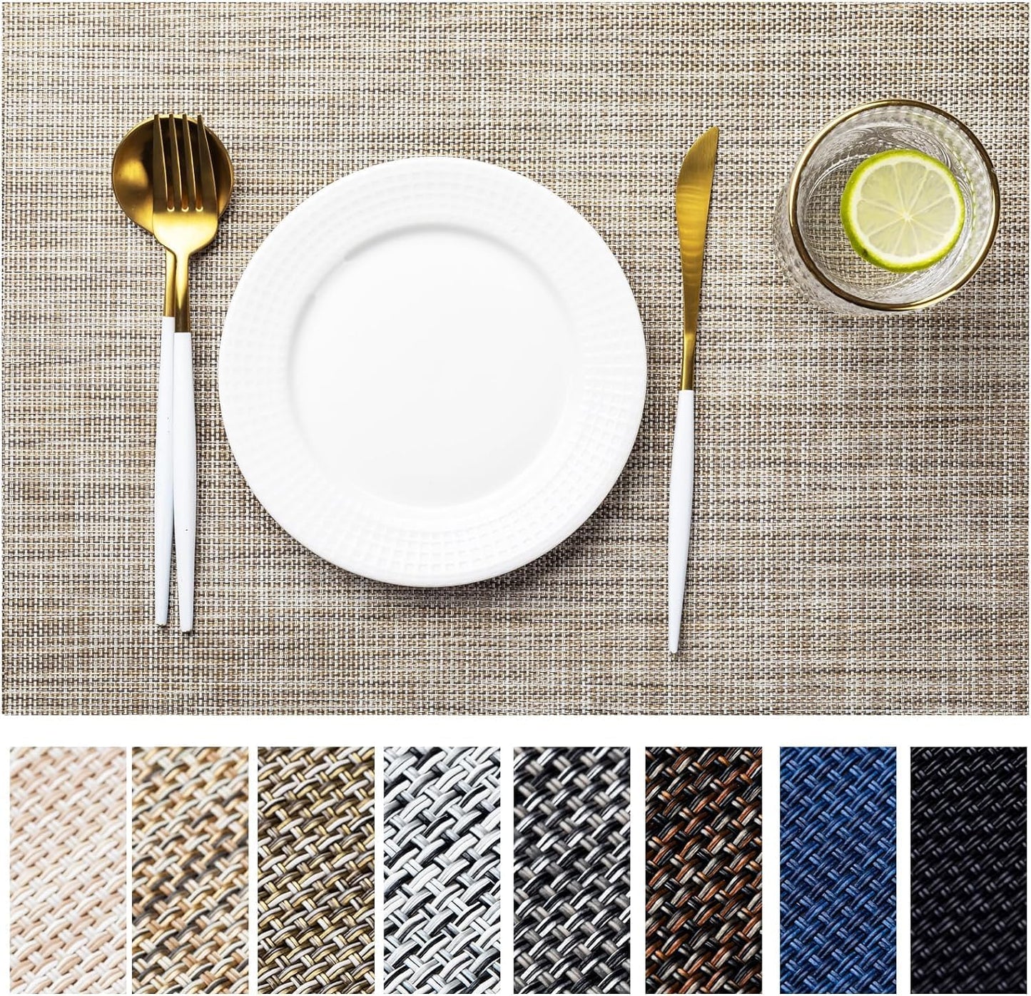 LEXMORE Placemats Set of 12 Vinyl/Plastic Woven Place Mats for Kitchen Table Indoor/Outdoor Washable Placemat Wipeable Dining Table Mats(A-Caramel)