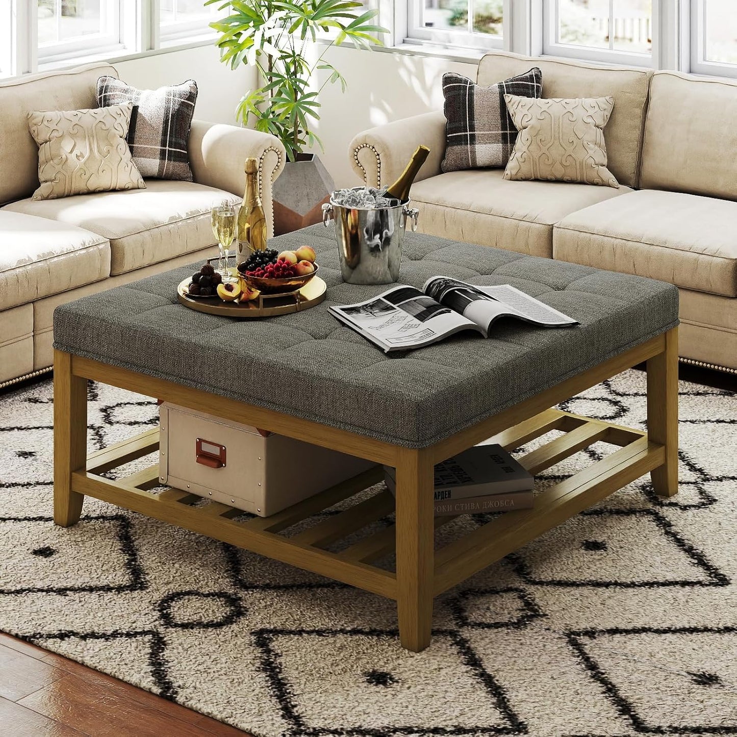 Large Square Ottoman Coffee Table, Linen Solid Upholstered Footrest Ottoman with Solid Wood Shelf Storage Tufted Coffee Table for Bedroom Living Room, Granite