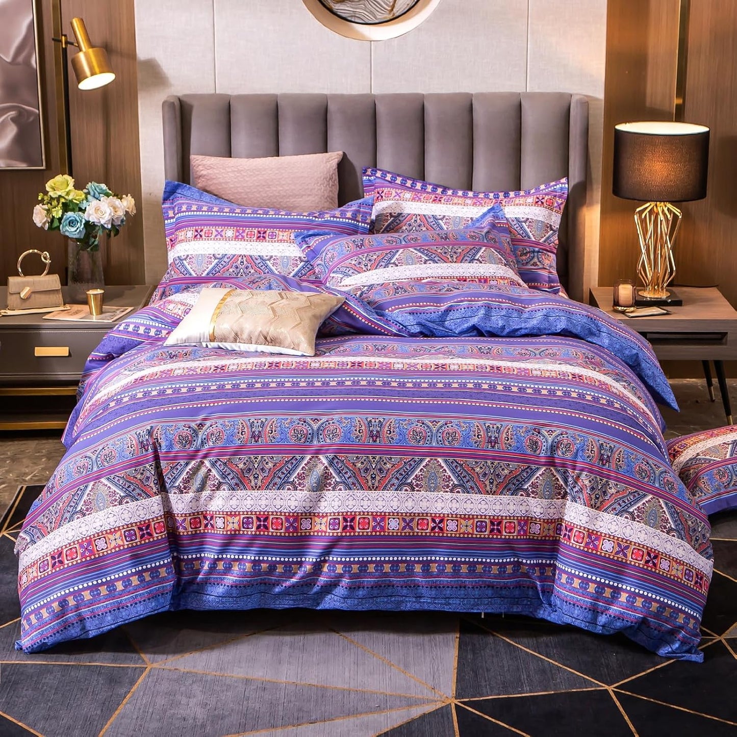 ABREEZE Bohemian Vintage Twin Size Floral Cotton Bedding Set 3Pcs Duvet Cover Set Boho Purple Paisley 100% Egyptian Brushed Cotton Reversible Home Bedding Collection