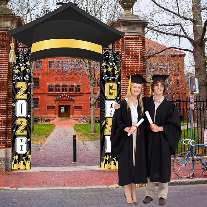 3Pcs Graduation Cap Door Banner 2026 Graduation Door Decoration Class of 2026 Porch Sign Congrat Grad Hanging Banner Decor Grad Party Indoor Outdoor Wall Decor Photo Prop Supplies Black Gold