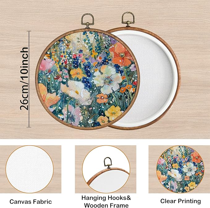 KSDUT Neutral Floral Botanical Wall Decor Art - Vintage Flower Wall Art Canvas Frame Hanging Prints, Preppy Trendy Wildflower Round Wall Art Decor for Farmhouse Gallery Home Decorations 10"x10"