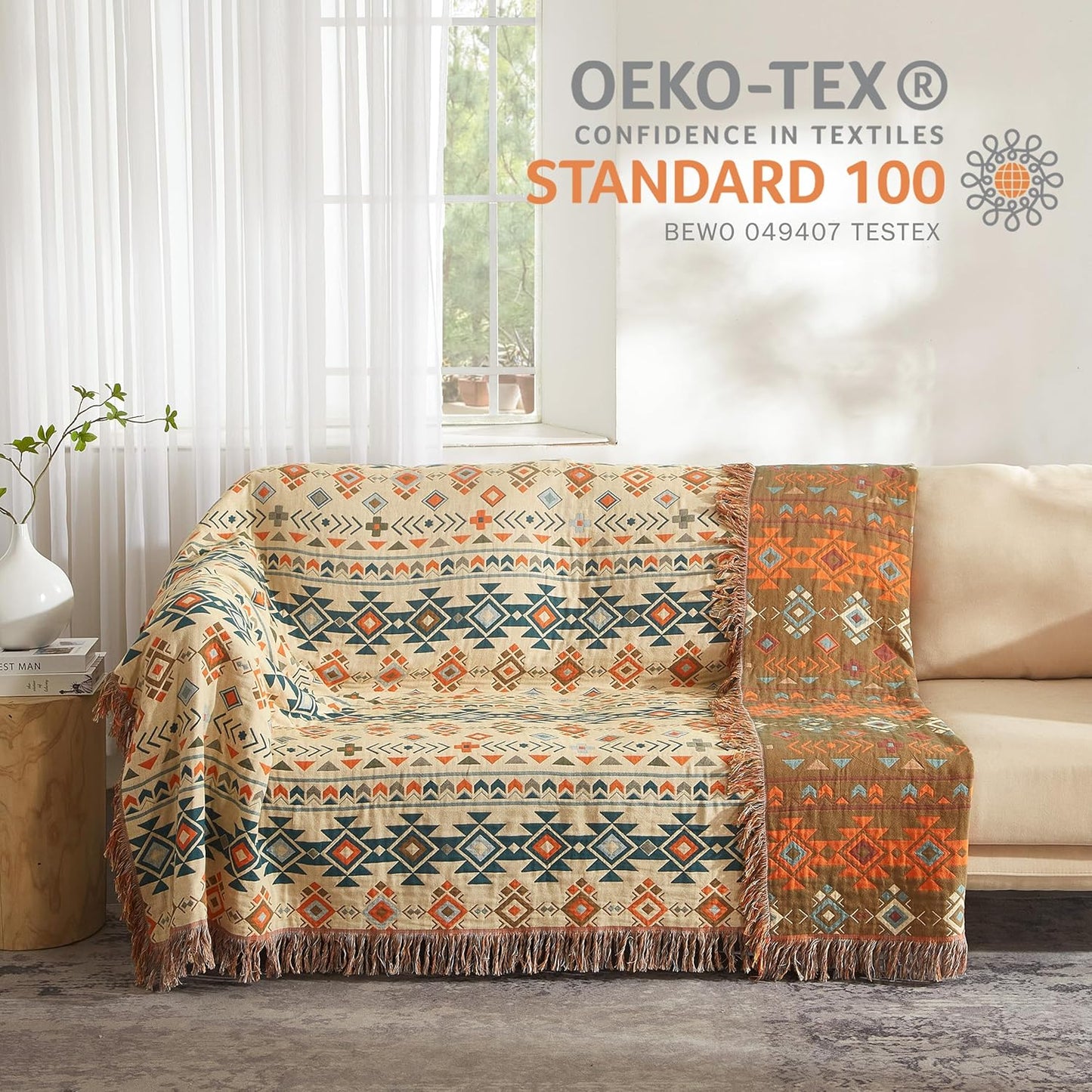 Boho Throw Blanket for Bed 90”x98”, 100% Cotton Woven Blanket for Couch Sofa, Ultra Soft 4-Layer Muslin Quilt with Diamond Pattern, Farmhouse Bed Blanket/Cover for Living Room Decor