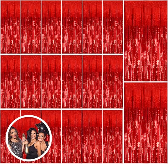 20 Pack Red Streamers Party Backdrop Christmas Decorations Foil Fringe Backdrop Curtains Carnival Casino Theme Birthday New Year Holiday Celebration Bachelorette Party Decorations Supplies