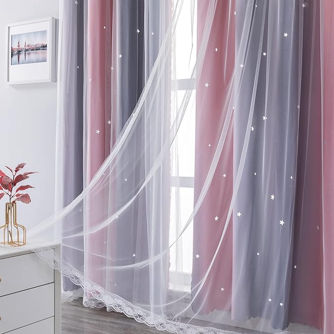 XiDi Curtains for Bedroom Decor, Rainbow Pink-Grey-34-90