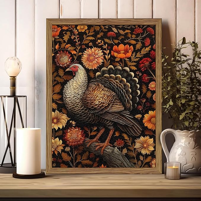 Framed Vintage Turkey 3D Textures Wall Art – Fall Floral Thanksgiving Wall Decor, Rustic Autumn Harvest Bird Artwork Painting for Living Room Kitchen Dining Room – 12x16in