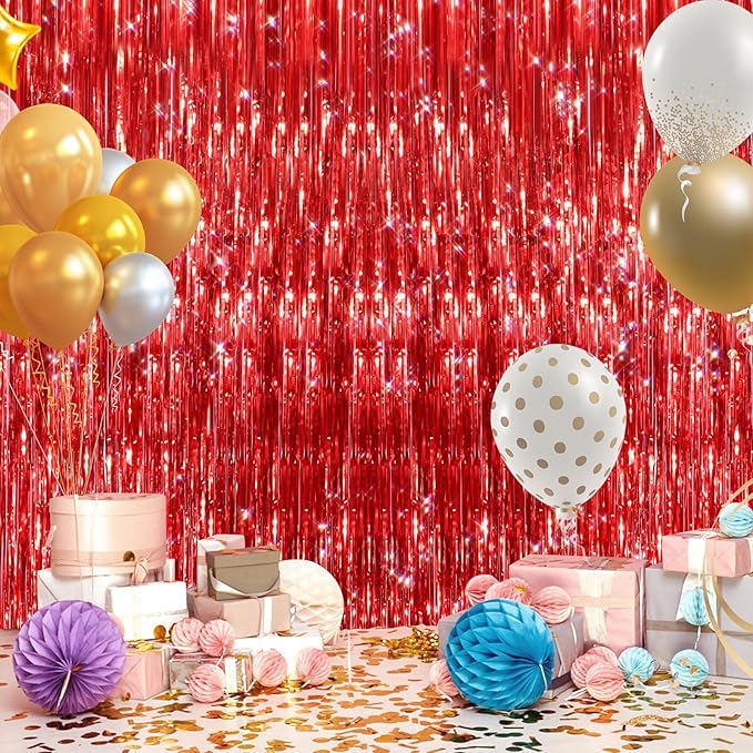 GCB 2 Pack Red Tinsel Backdrop, Fringe Curtains, Red Foil Tinsel Party Streamer Backdrop Curtains for Valentines Day, Wedding Photo Backdrop Party Decorations for Wedding Anniversaries Bridal Shower