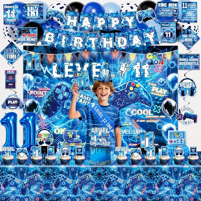 Mpanwen Gamer 11th Birthday Decorations for Boys, Blue Video Game Level 11 Bday Party Decor Supplies for 11 Years Old Boy with Backdrop, Tablecloth, Centerpiece, Hanging Swirls, Hat, Wall Signs