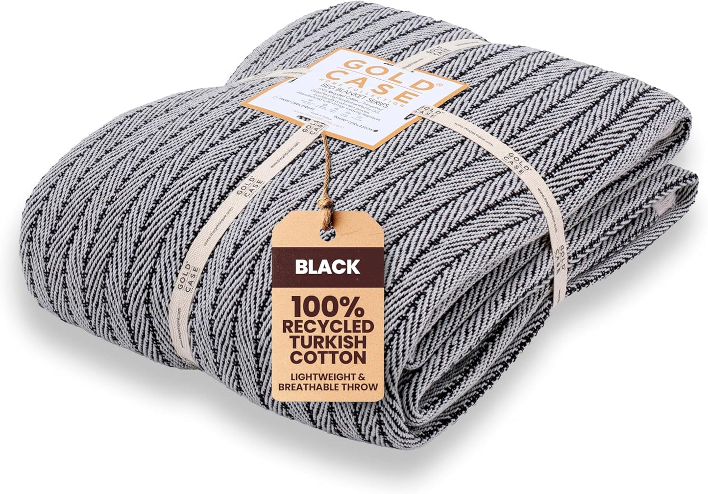 Gold Case Throw Blanket for Bed – 100% Recycled Turkish Cotton Bed Blanket – Decorative Throw Cotton Blankets for Living Room & Bedroom – Woven Twin Blankets - 71x90 - Black