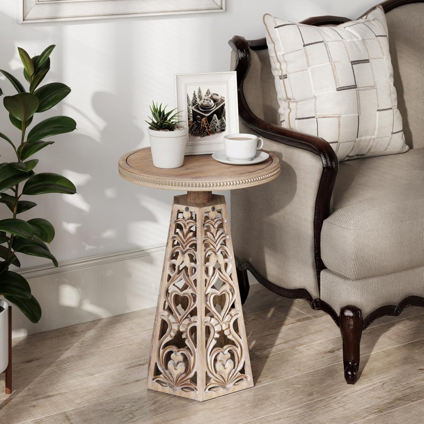Rustic Farmhouse Wooden End Table, Distressed Round Accent Table with Intricate Carved Floral Patterns, Boho, for Living Room, Bedroom, or Entryway, Distressed Wood Color
