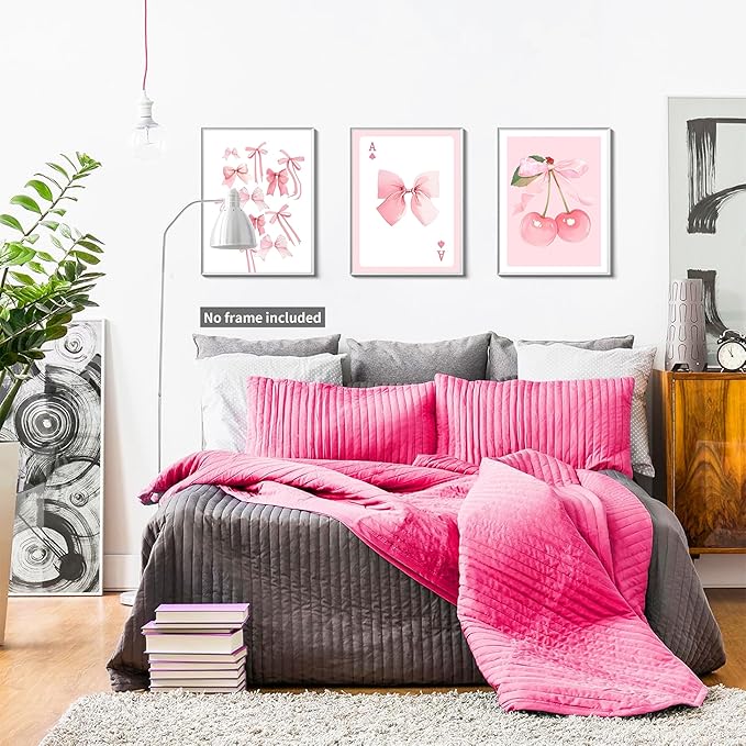 Trendy Pink Bows Posters Wall Art Set of 3, Vintage Preppy Cherry Picture Prints, Pink Girly Room Aesthetic Canvas Wall Decor Painting for College Apartment Living Room Bedroom 12x16 In Unframed