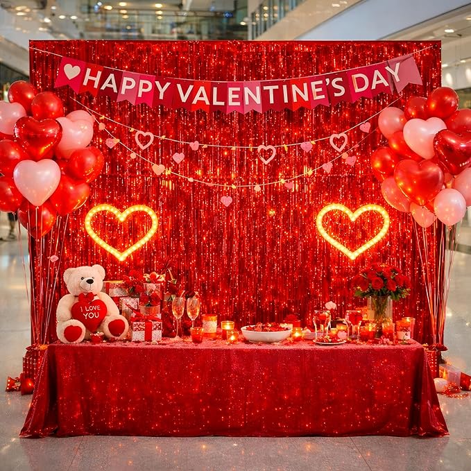 Red Party Streamers Decorations 3 Pack 3.2 x 8.2 ft Shiny Fringe Curtain for Birthday Party Decor, Red Streamers Backdrop, Valentines Day Decorations (Pure Red)