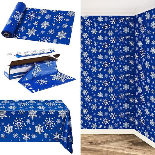 Kochorie 100 Ft x 54 Inch Blue Snowflake Tablecloth Roll with Cutter Box Christmas Themed Snowflake Printed Disposable Winter Backdrop Cut to Size Table Cover for Frozen Birthday Party Supplies