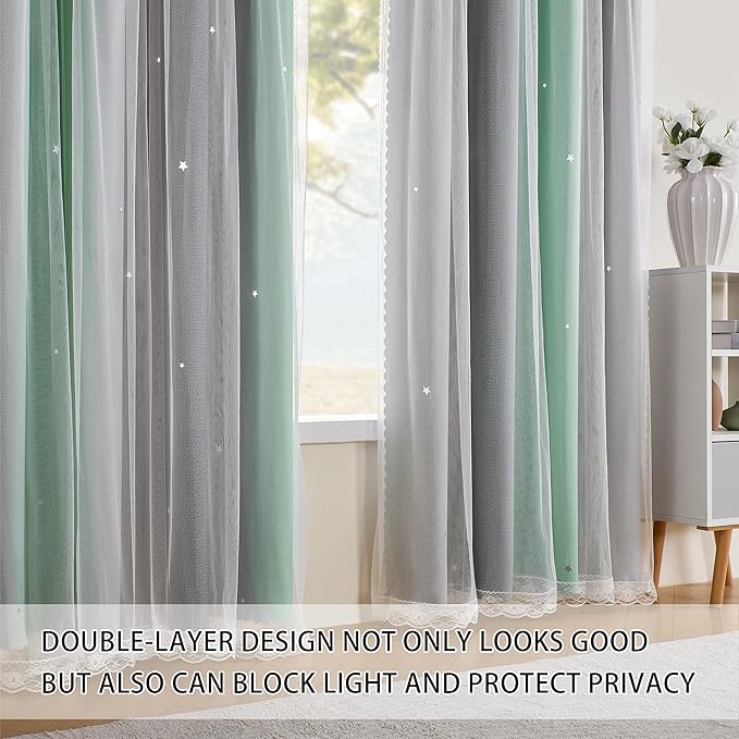 XiDi Green Grey 90 Inches Curtains for Girls Bedroom 2 Panels Set, Blackout Rainbow Curtains for Kids Room Decor, Unicorn Wall Decals Drapes for Little Girl Nursery Room 52 Inches Wide