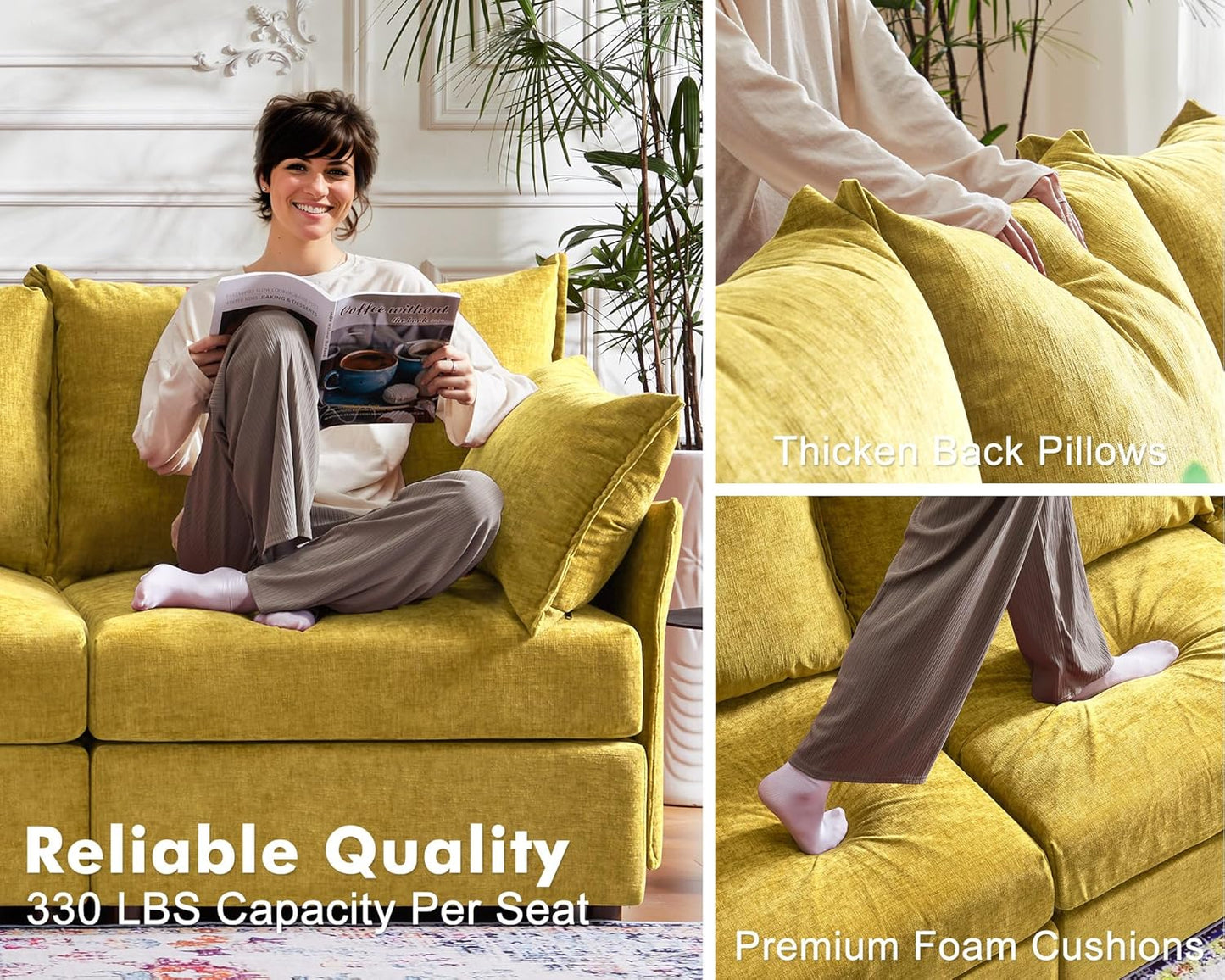 Oversized Accent Chair, 24.5" Deep Seat Large Reading Armchair with Removable Backrest & Detachable Cover,Chenille Yellow for Living Room/Bedroom/Office