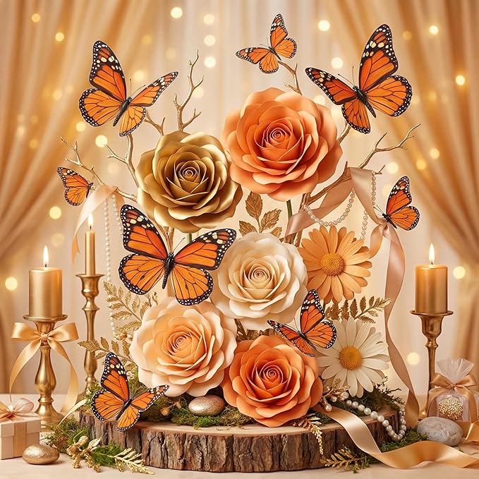 Chuangdi 12 Pcs Orange Large Monarch Butterfly Decorations 3 Size 12inch,9inch,6inch Fake Butterflies Realistic Butterfly Craft Artificial Mariposas Wall Decor for Craft Wedding Home Birthday Party