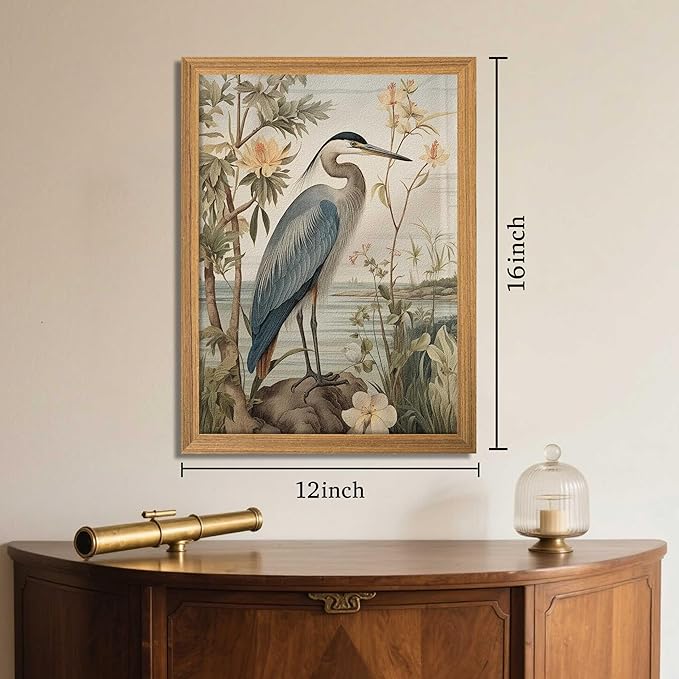Framed William Morris Heron Wall Art, Vintage 3D Textured Botanical Wall Decor, Hand Drawn Sandstone Wildlife Picture Artwork, Modern Farmhouse Decor for Bedroom Living Room 12x16 inch