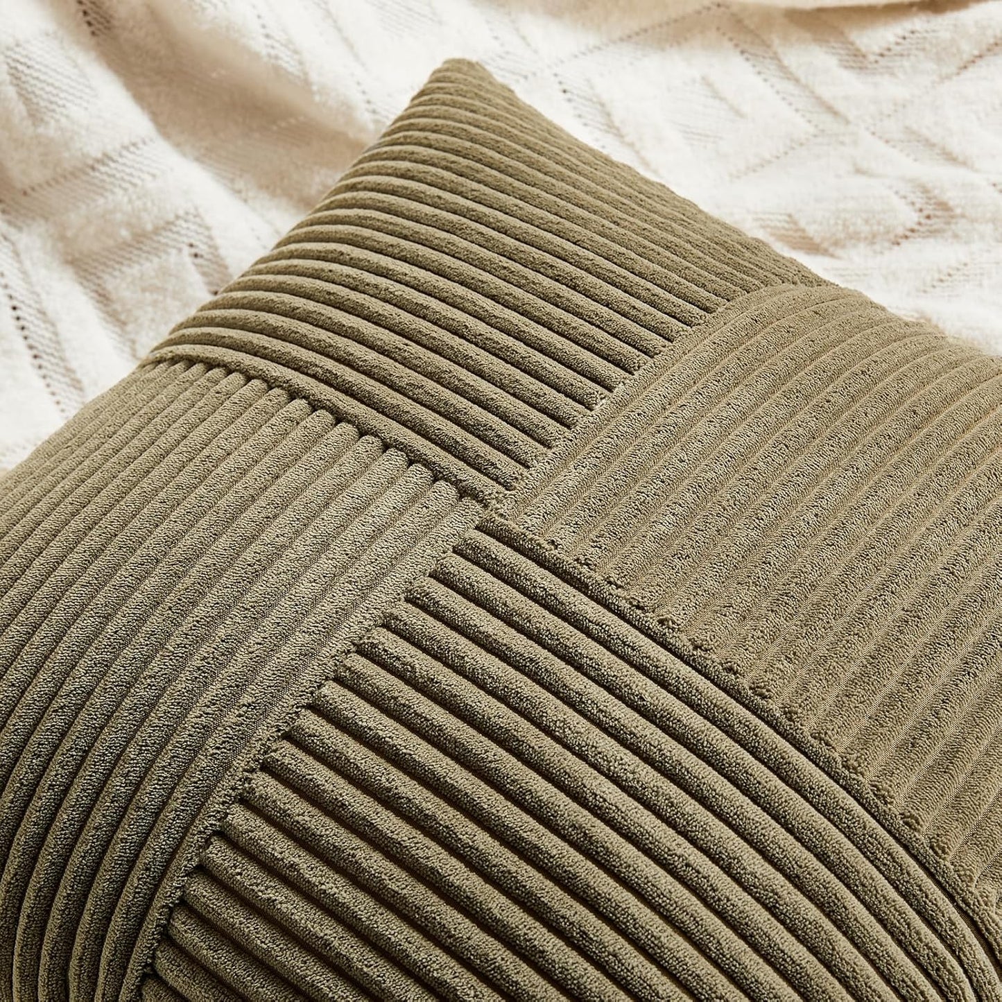 Fancy Homi 2 Packs Olive Green Decorative Throw Pillow Covers 16x16 Inch for Living Room Couch Bed, Rustic Farmhouse Boho Home Decor, Soft Corss Patchwork Corduroy Textured Cushion Case 40x40 cm